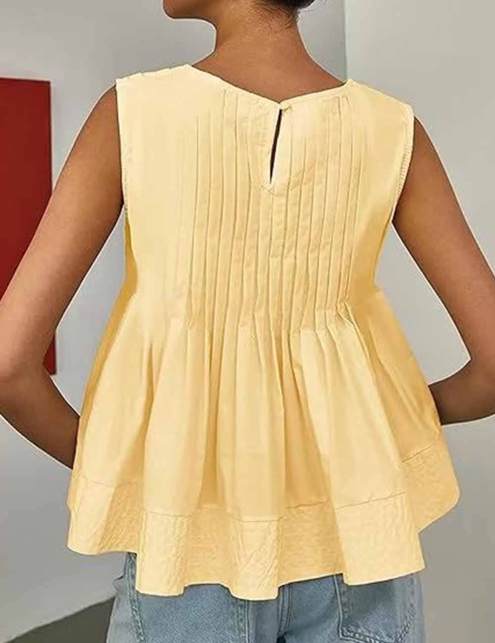 Ladies Solid Color Pleated Sleeveless Tank Top