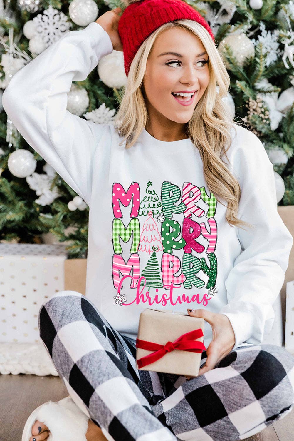 Merry Christmas Print Drop Shoulder Holiday Sweatshirt