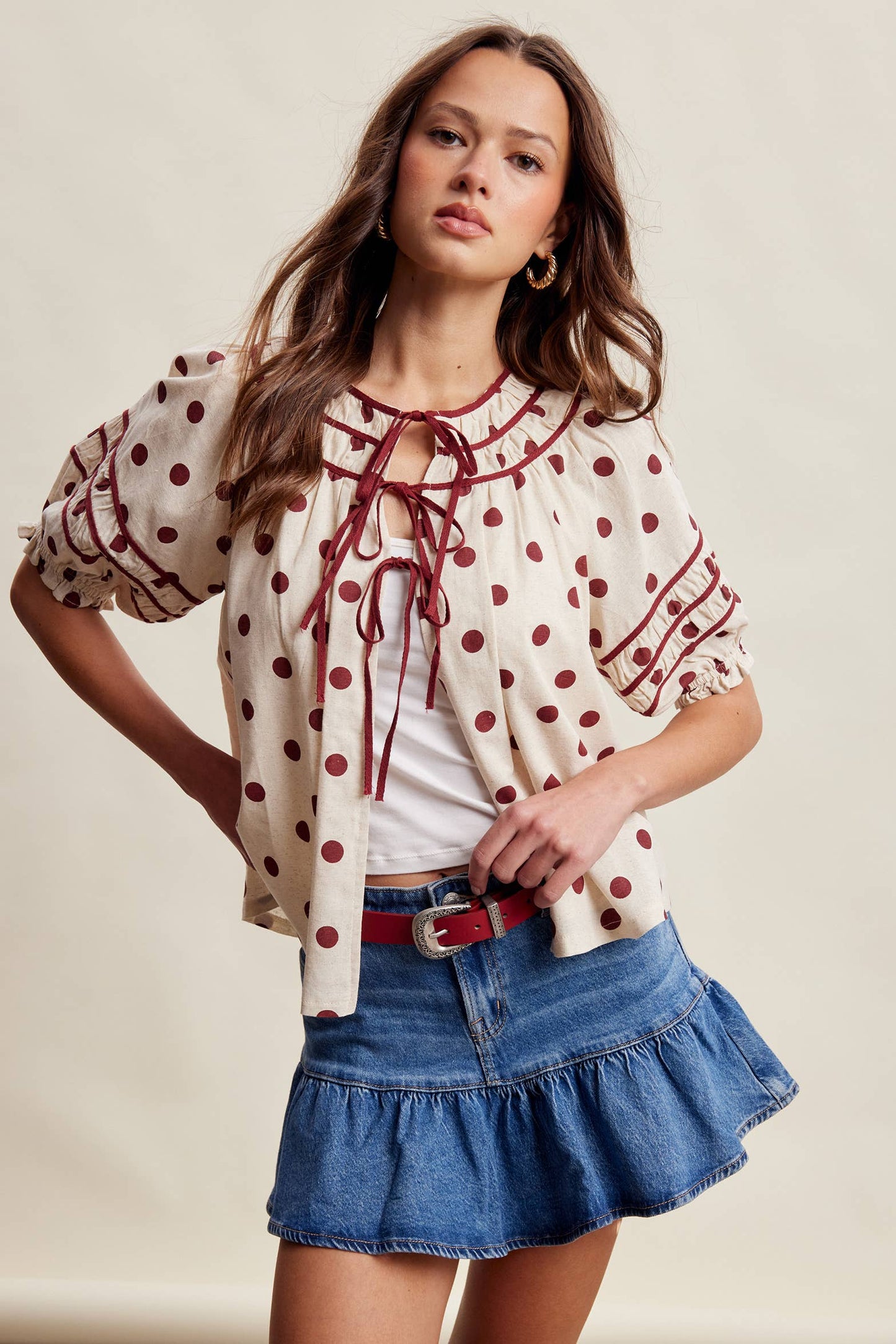 Polka Dot Ruffle Trim Blouse LT1456