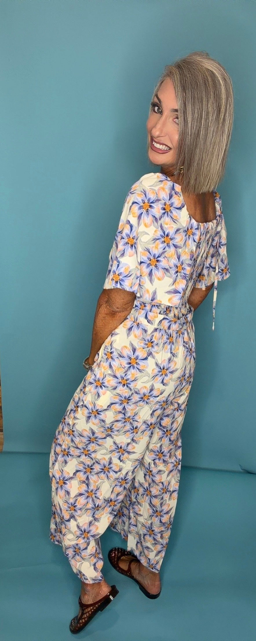 FLORAL PRINT SQUARE NECK SMOCKED BODICE JUMPSUIT