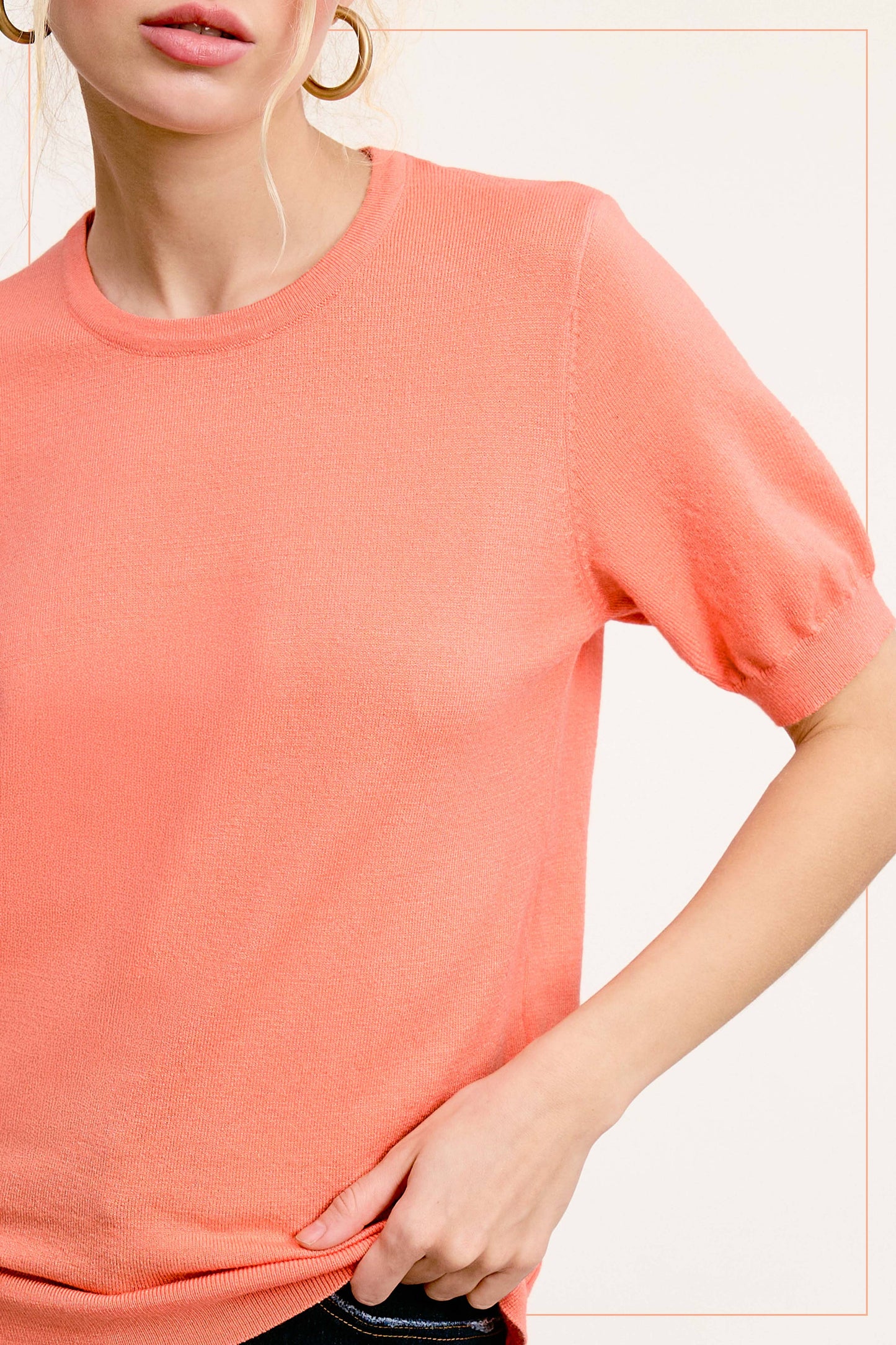 Soft Short Puffy Sleeve Basic Stretchy Knit Top