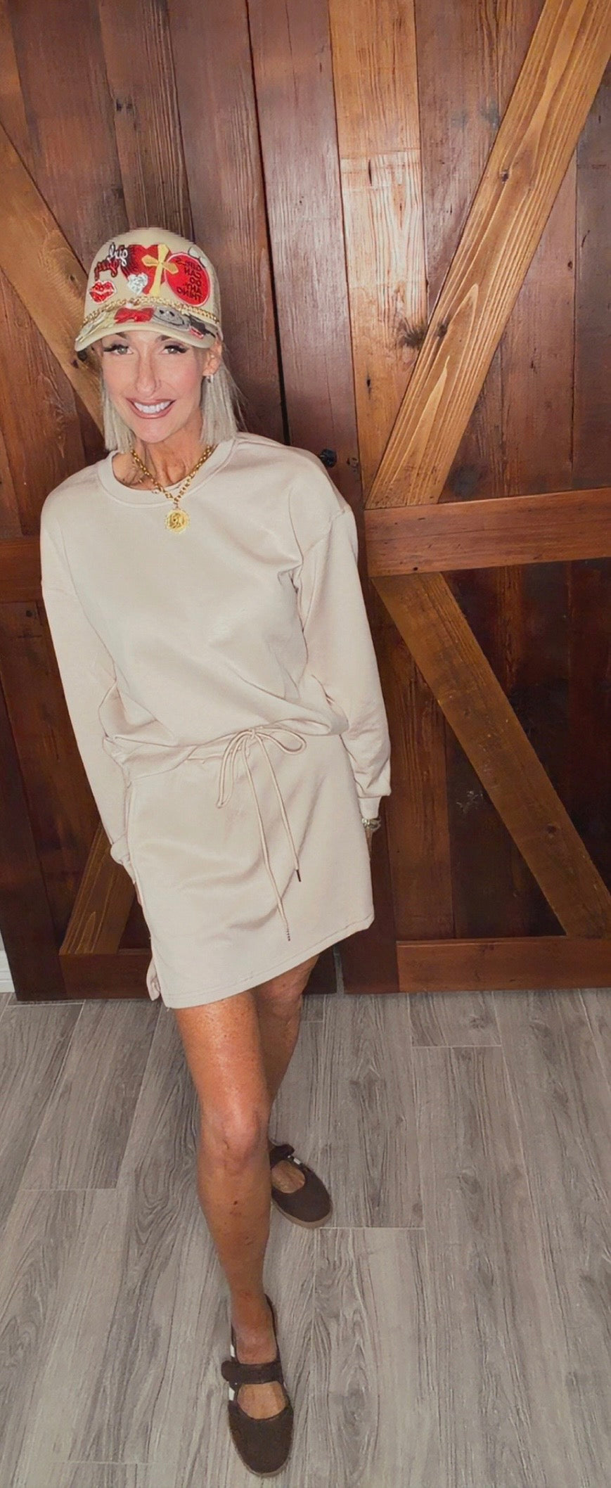 Solid Drop Shoulder Pullover & Drawstring Mini Skirt Outfit