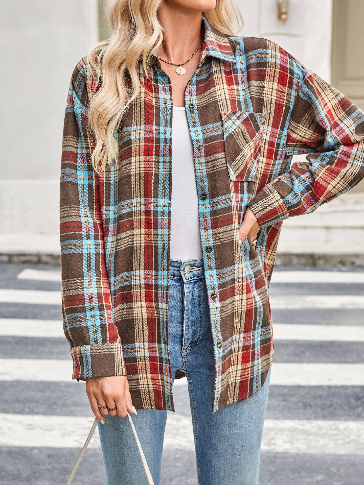 Plaid Button Down Long Sleeve Shirt for Women