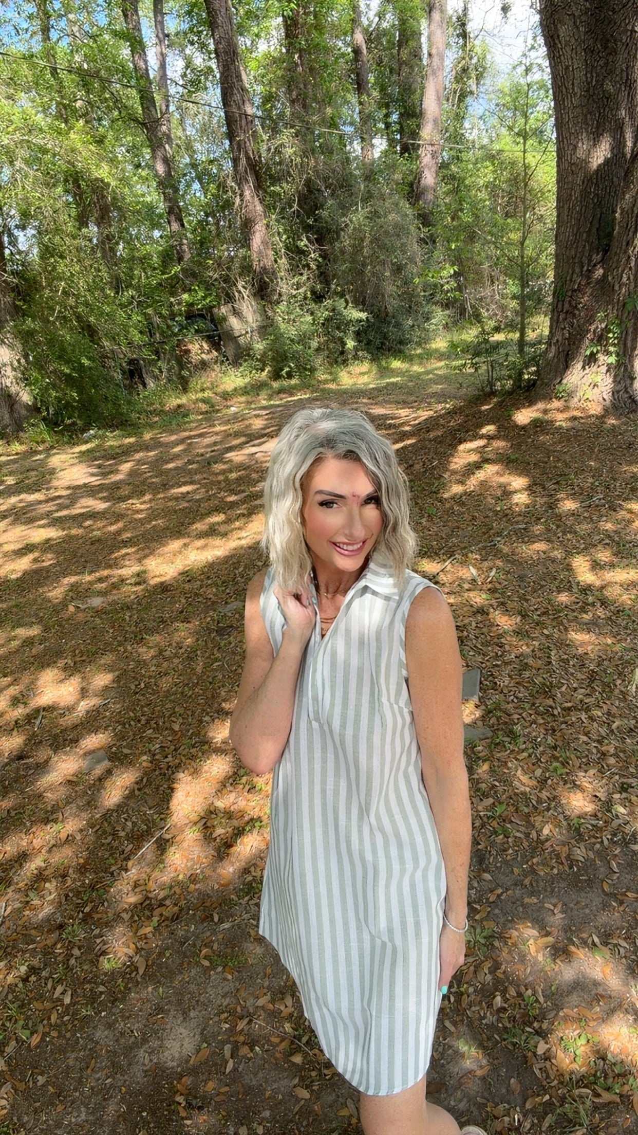 Sleeveless V Neck Button Down Striped Shirt Dress