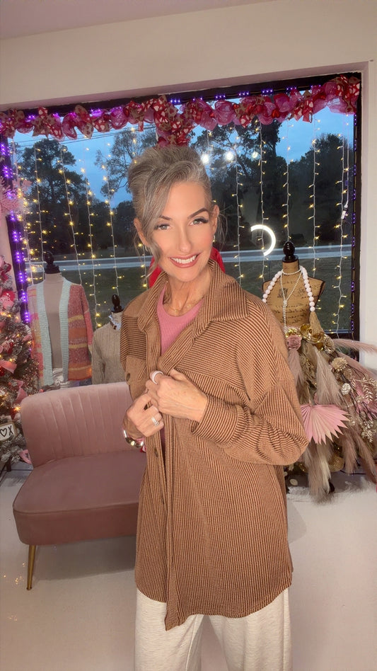 Rib Drop Shoulder Patch Pockets Button Down Shacket