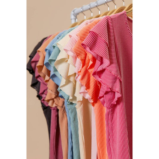 RIB TEXTURED RUFFLED SLEEVE TOP