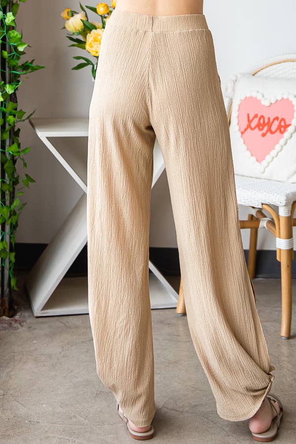 Lightweight Crinkle Ankle Tie Split Side Flowy Pants  P5047