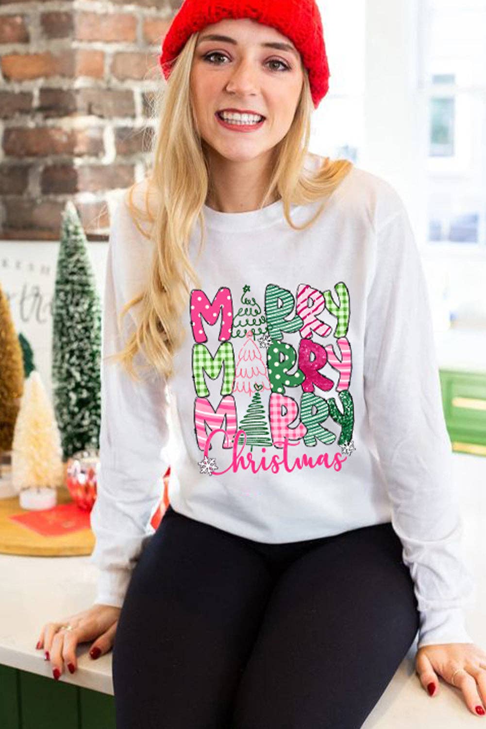 Merry Christmas Print Drop Shoulder Holiday Sweatshirt