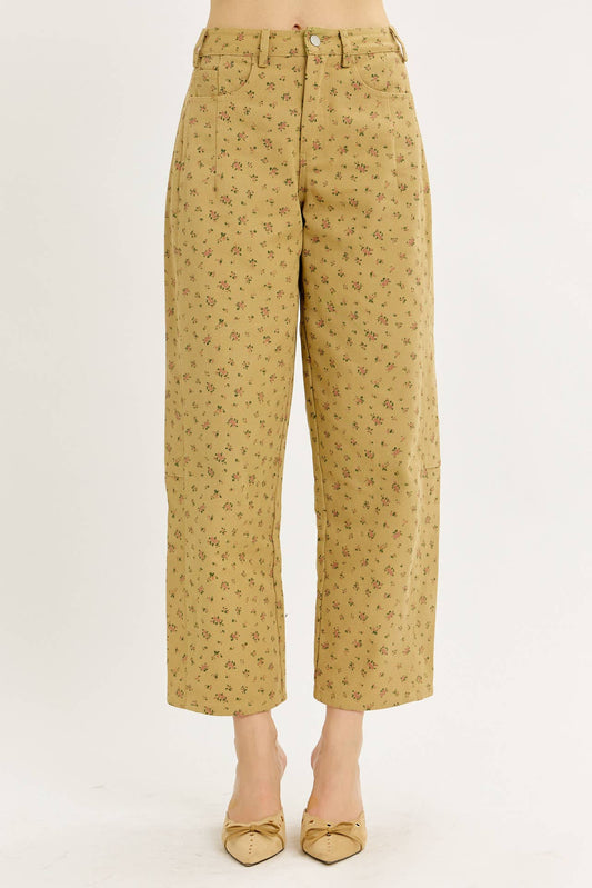 DITSY FLOWER COTTON TWILL BARREL LEG PANTS