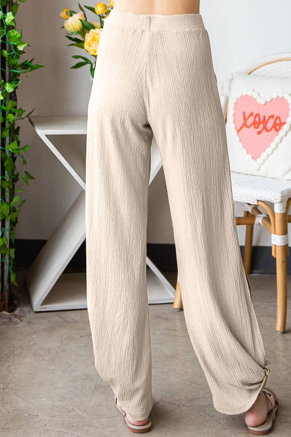 Lightweight Crinkle Ankle Tie Split Side Flowy Pants  P5047
