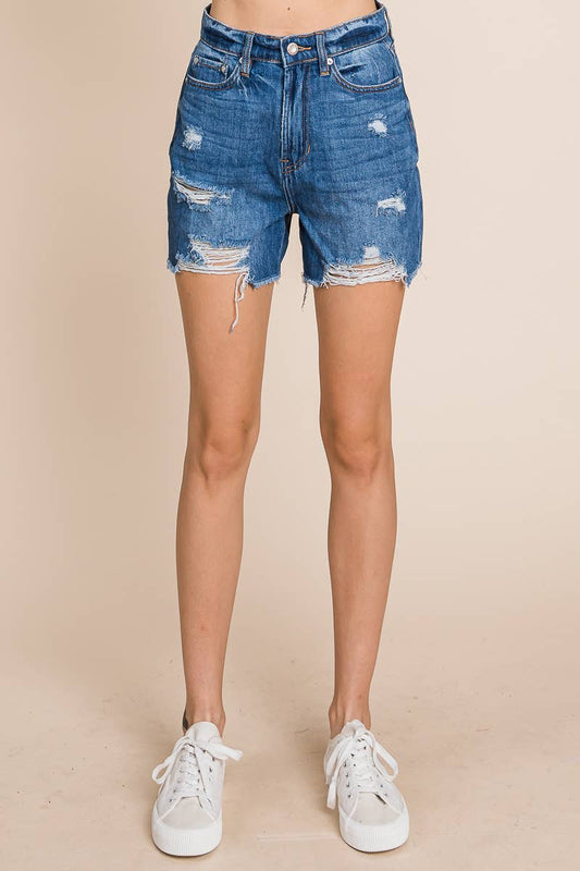- Dark Wash - High Rise Distressed Denim Shorts