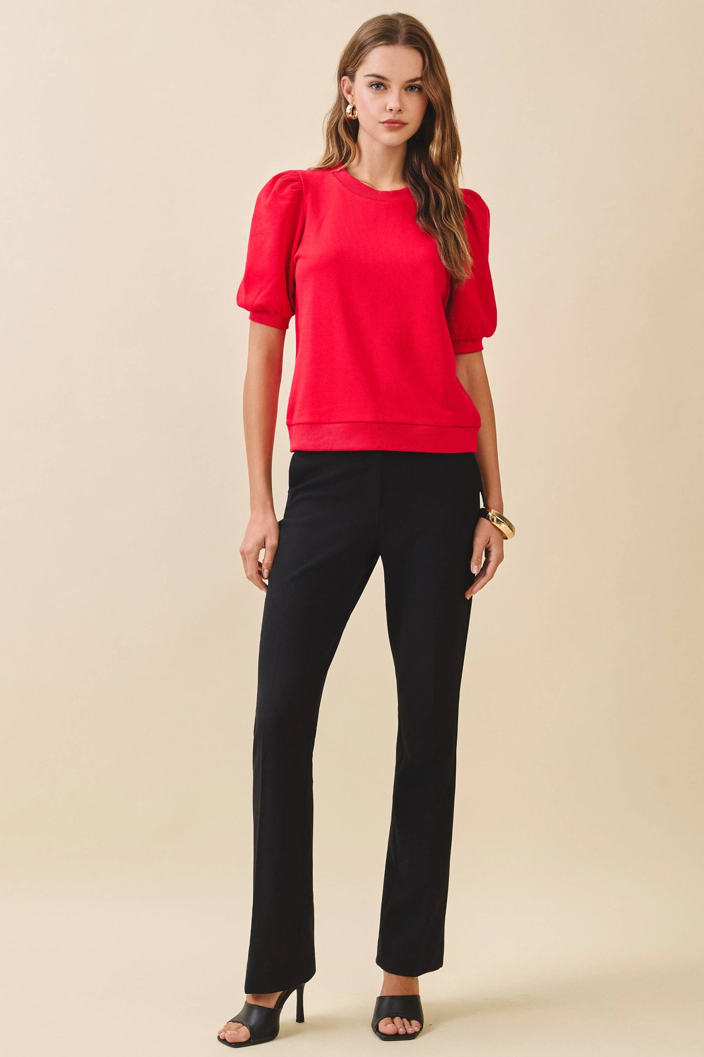 Crew Neck Short Puff Sleeves Knit Top