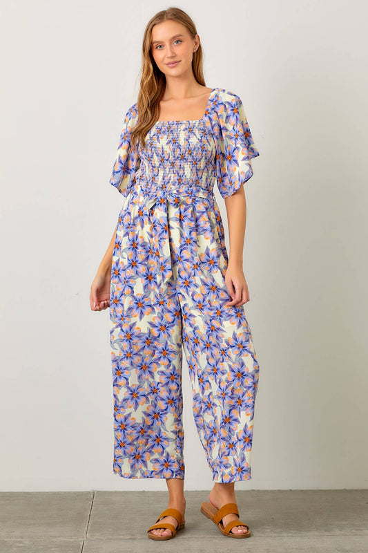 FLORAL PRINT SQUARE NECK SMOCKED BODICE JUMPSUIT