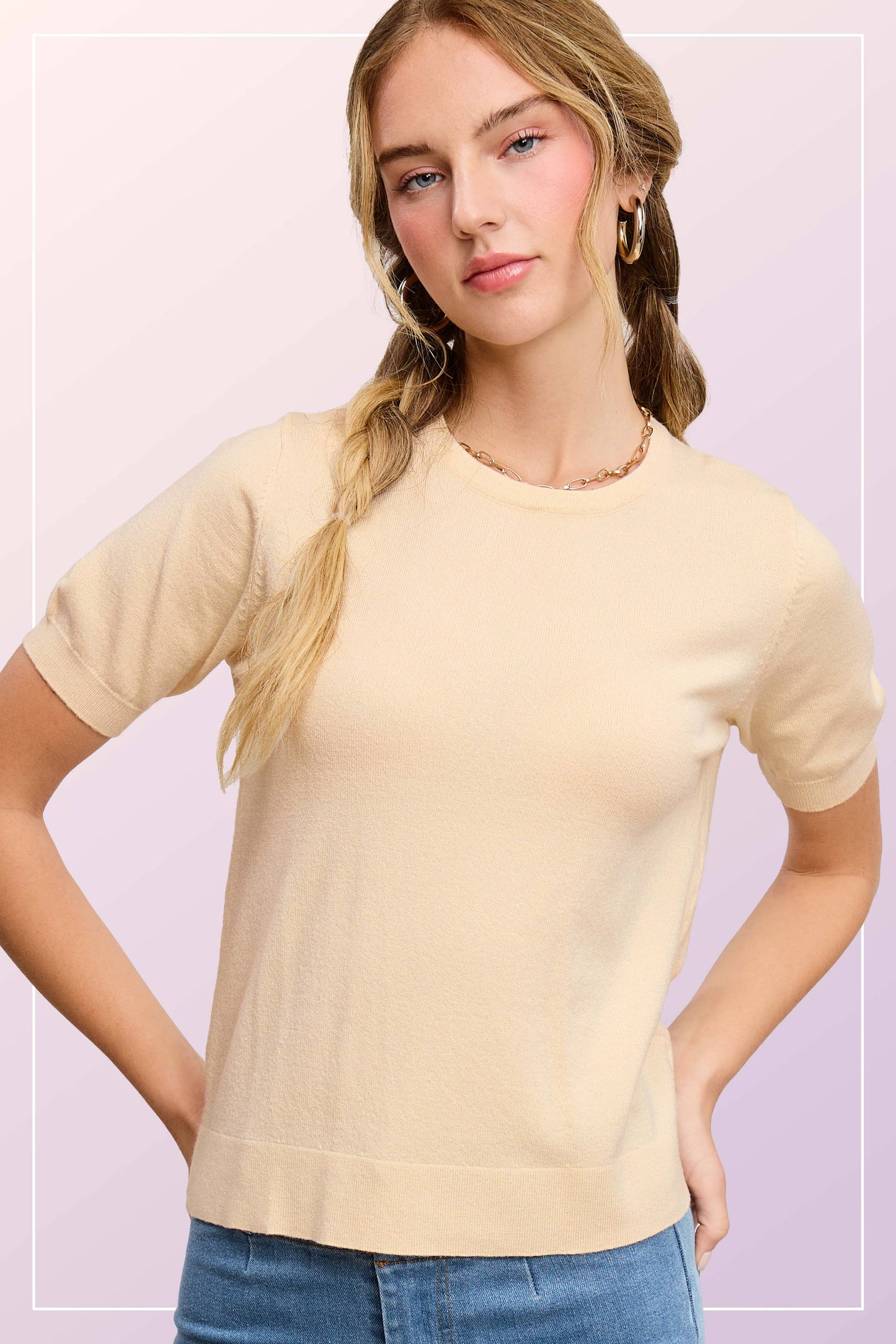 Soft Short Puffy Sleeve Basic Stretchy Knit Top
