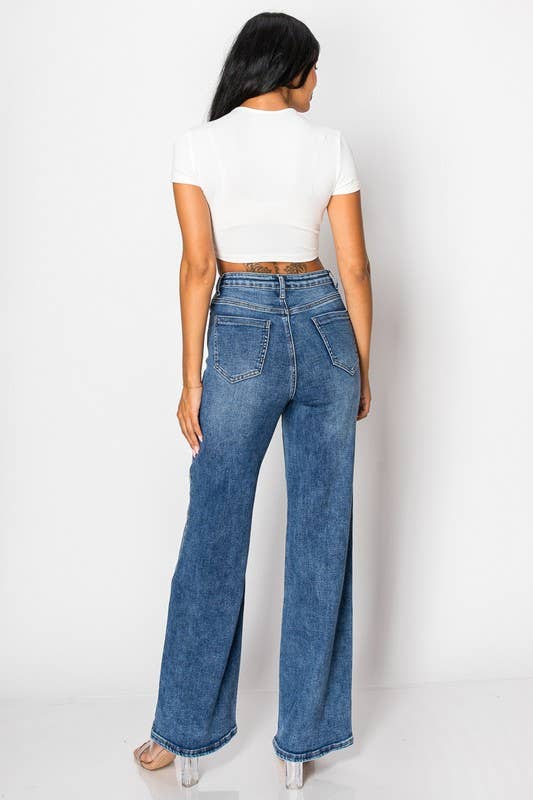 Embellished Straight Leg Blue Denim Jeans