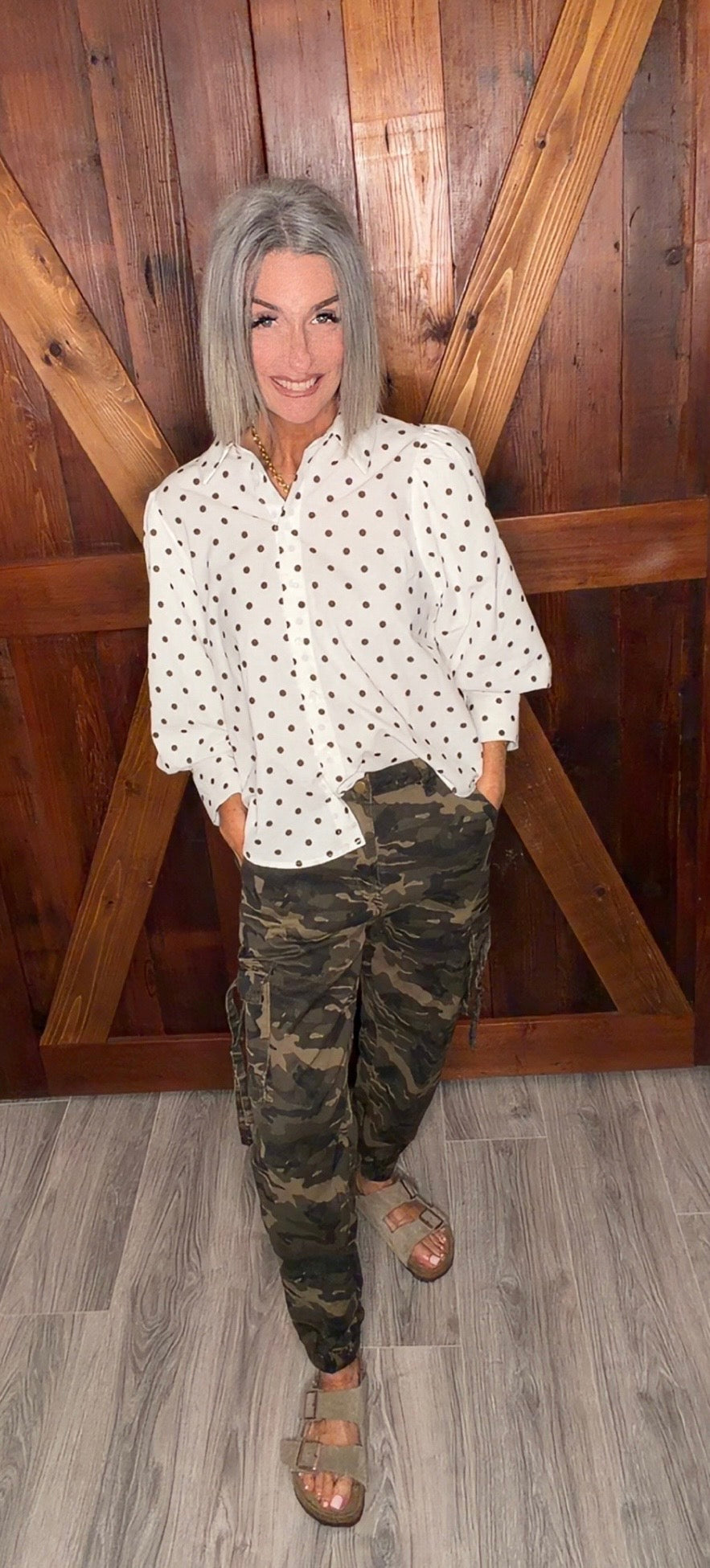 Playful Polka Dot Print Collared Puff Sleeve Shirt