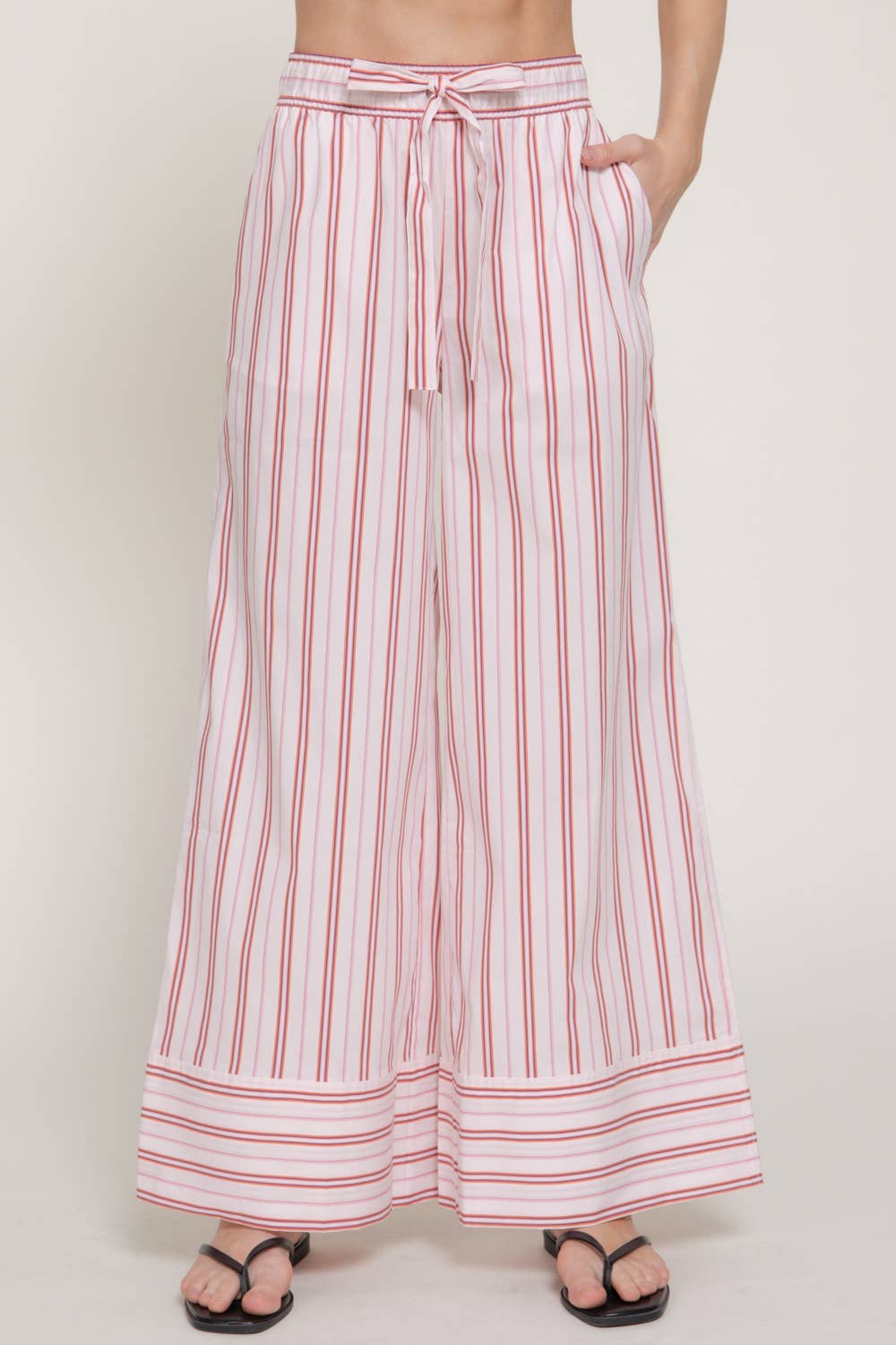Elastic Waist Multi Stripe Poplin Straight Long Pants