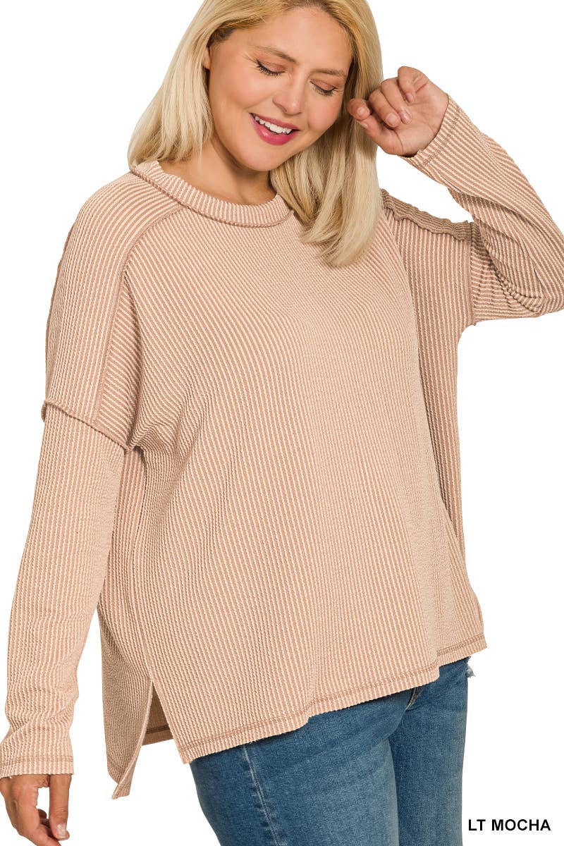Plus Raised Rib Raw Edge Boat Neck Long Sleeve Top