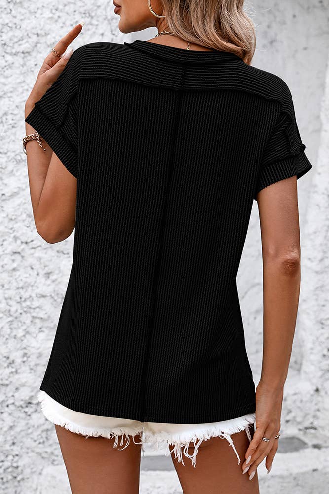 Ribbed Knitting Stitching Outside Round Neck Top MD121