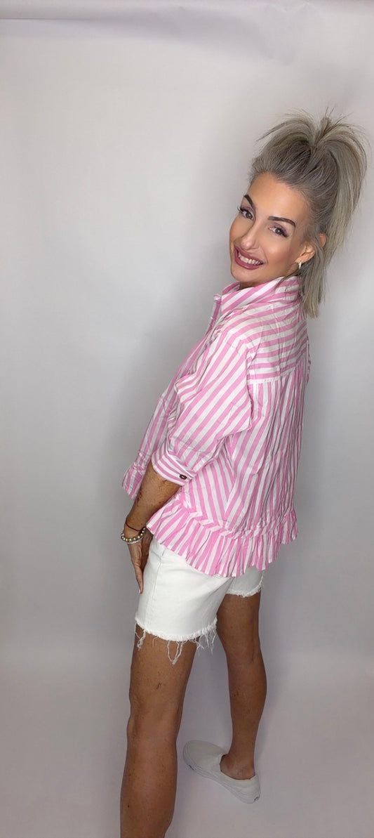 STRIPED BUTTON DOWN RUFFLE TOP