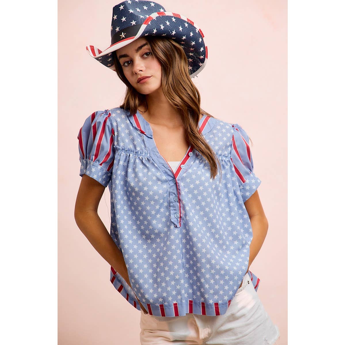 4TH OF JULY STRIPES AND STARS PUFF SLEEVES TOP