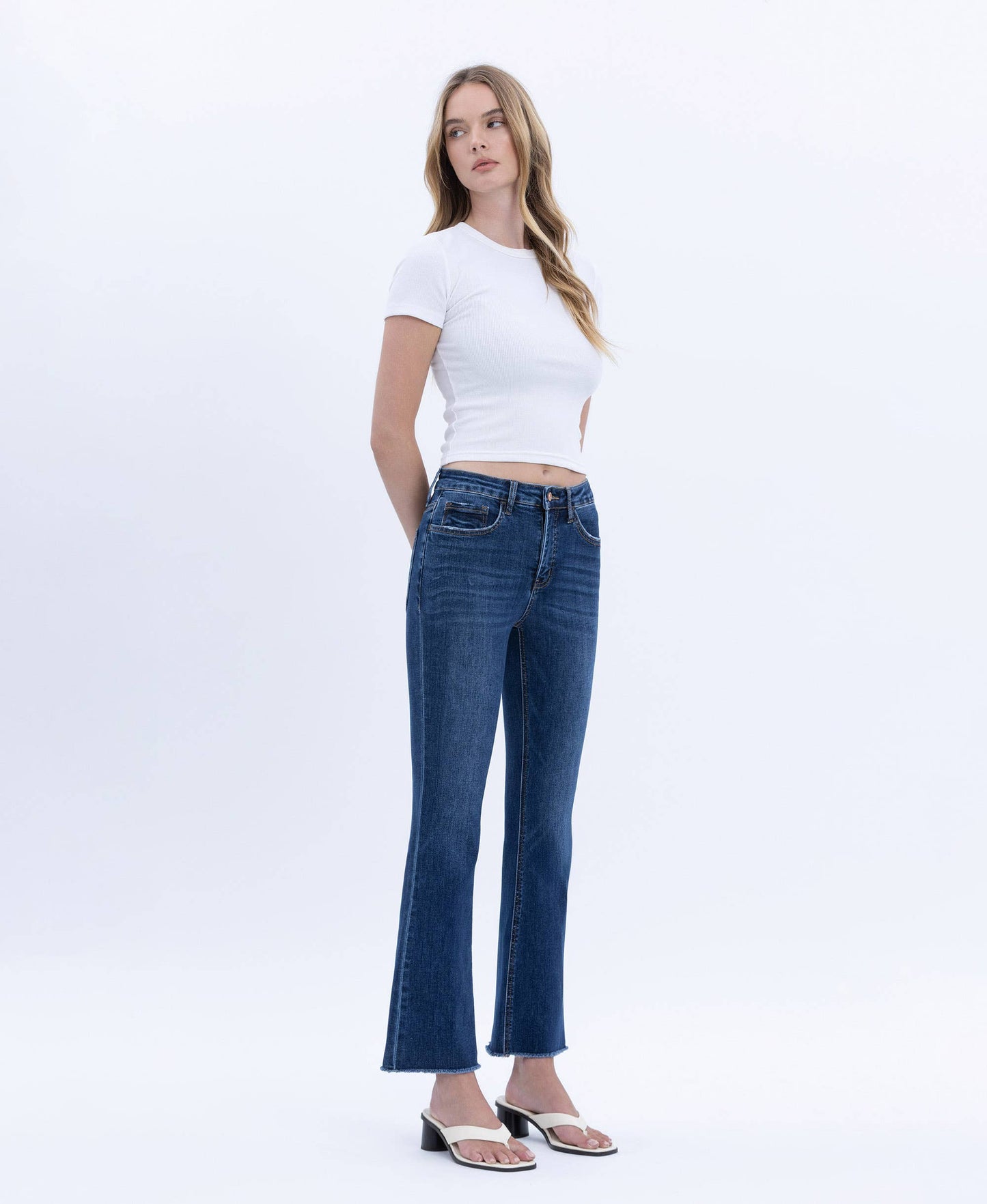 TUMMY CONTROL HIGH RISE RAW HEM KICK FLARE JEANS L