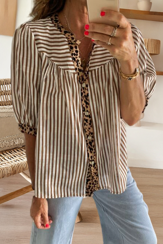 Leopard Trim Button Down Stripe Half Sleeve Shirt