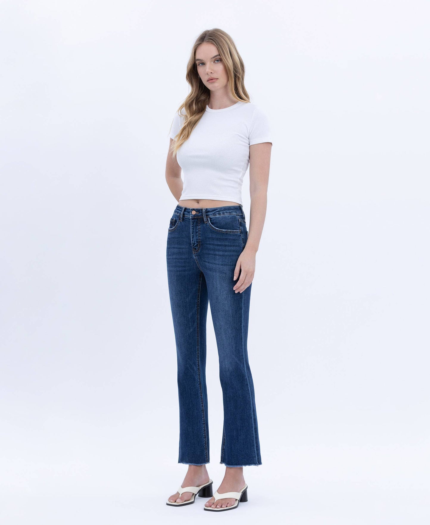 TUMMY CONTROL HIGH RISE RAW HEM KICK FLARE JEANS L