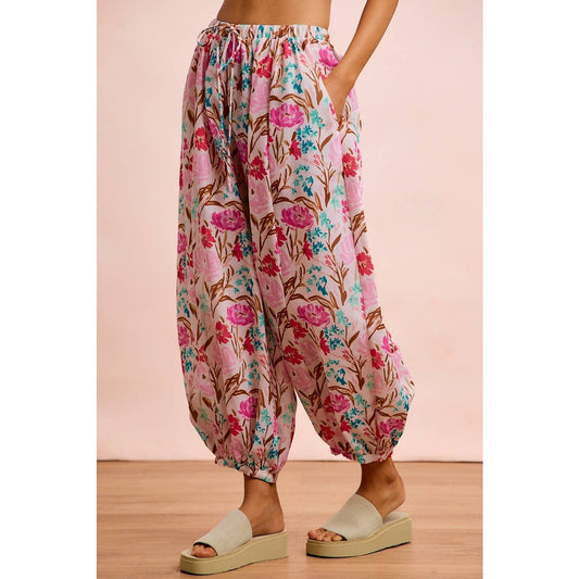 FLOWER PRINTED ELASTIC WAIST BALLOON PANTS