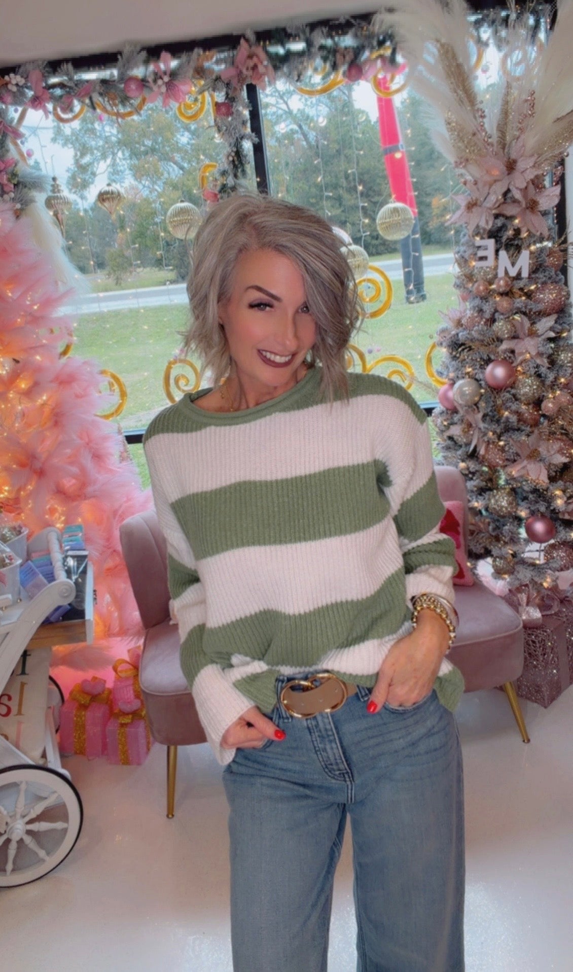 Temperament crew-neck long sleeve color striped sweater