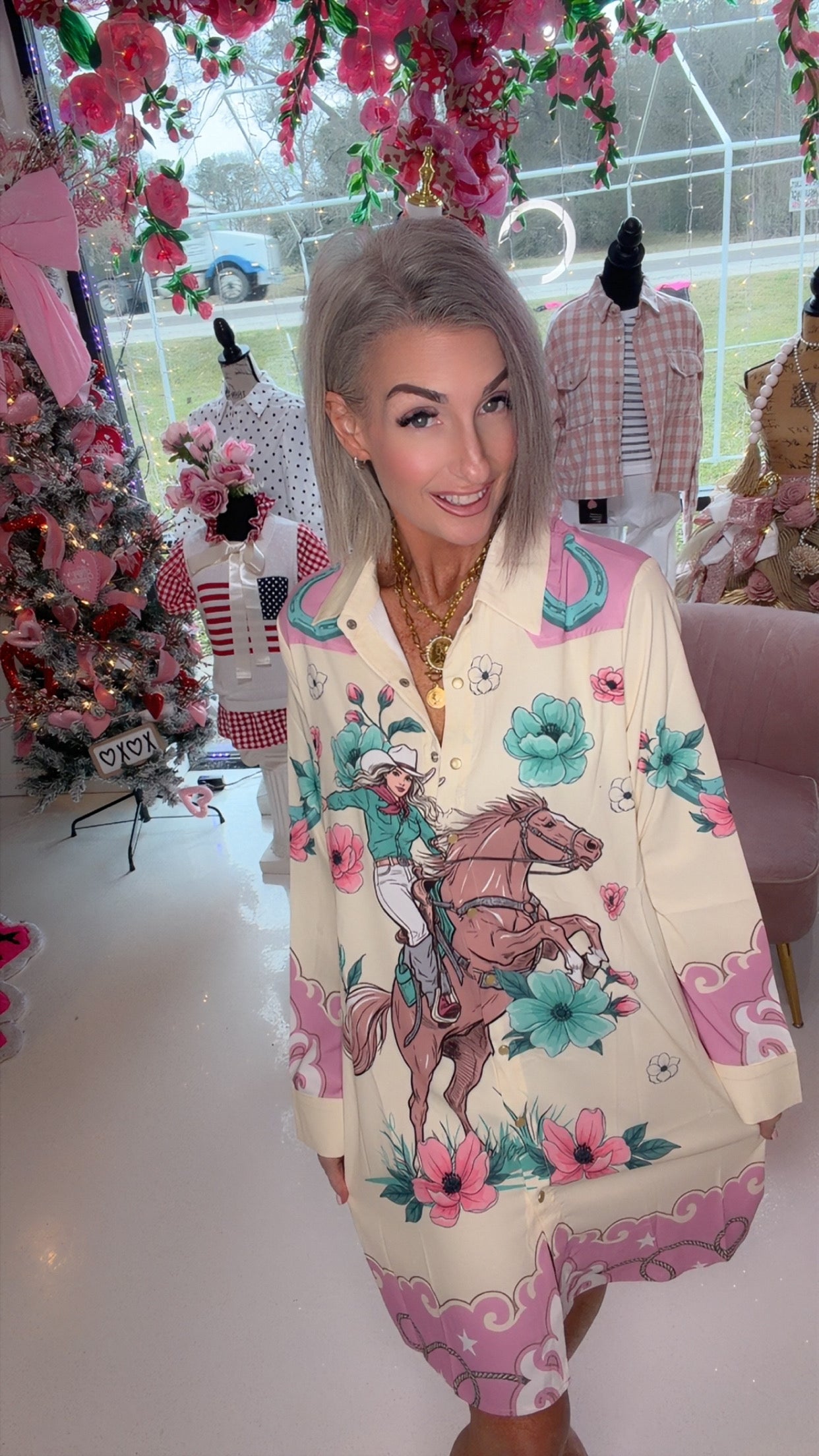Vintage Horse Printed Pearl Snap Button Down Dress