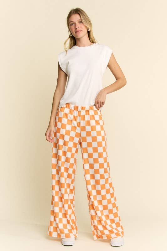 HIGH WAIST CHECKERED STRAIGHT LEG KNIT PANTS