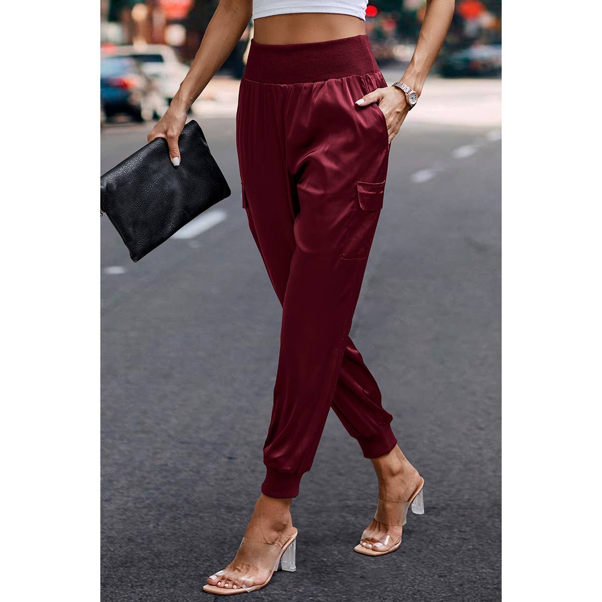 Elastic High Waist Sweatpants Sporty Pocket Pants