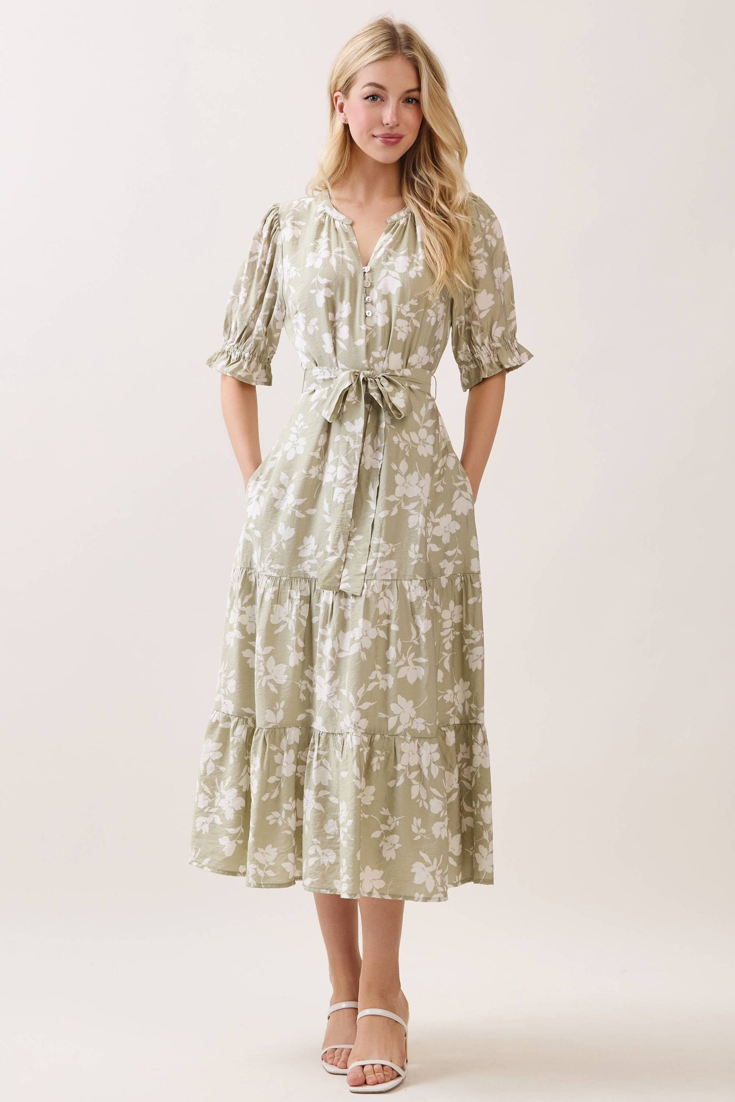V NECK WAIST TIE TIERED MIDI DRESS -