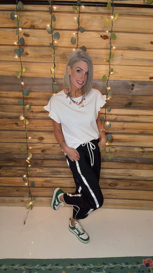 Stripe Smocked Waist Drawstring Cropped Pants |