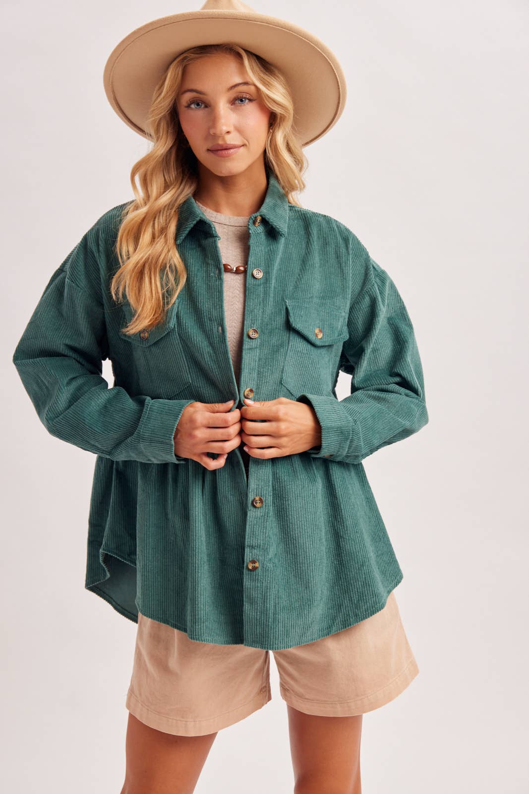BUTTON DOWN CORDUROY PEPLUM SHACKET