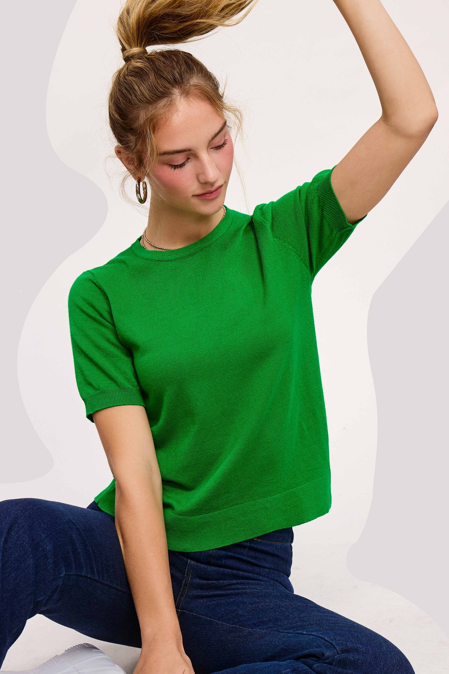 Soft Short Puffy Sleeve Basic Stretchy Knit Top