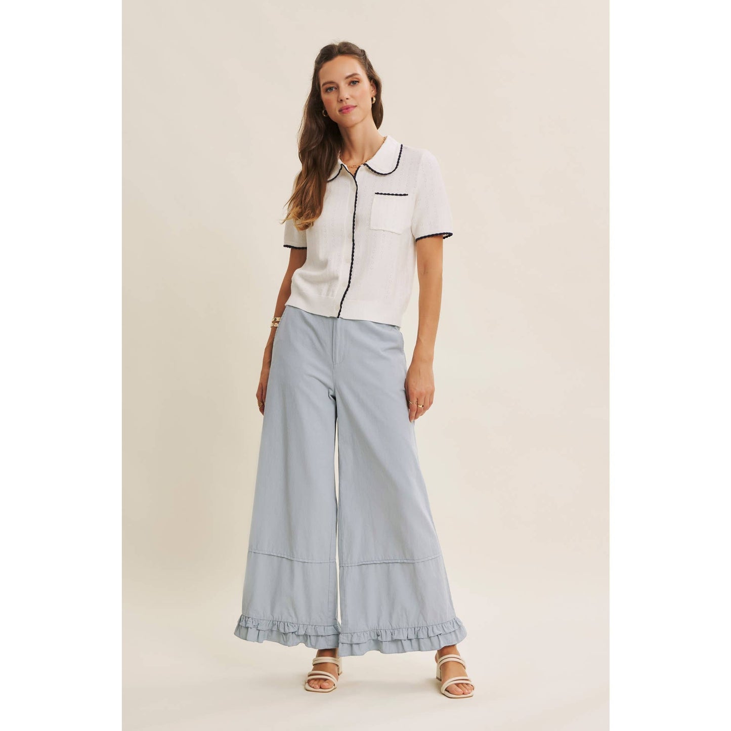 DREAMY STATEMENT COTTON WASHED WIDE-LEG PANTS WITH RUFFLES