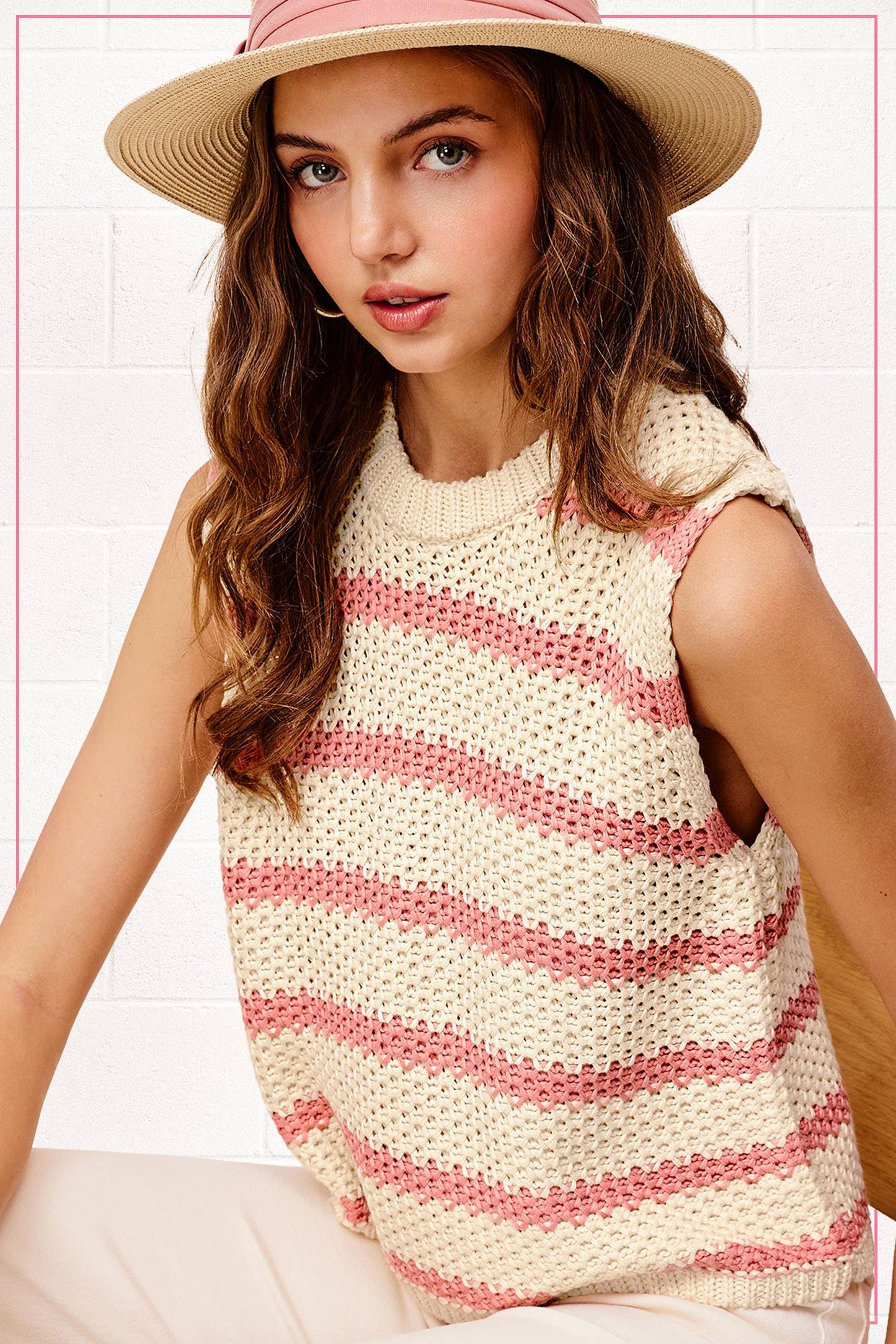 MCS3584-Chunky Striped Crew Mock Neck Sleeveless Sweater Top