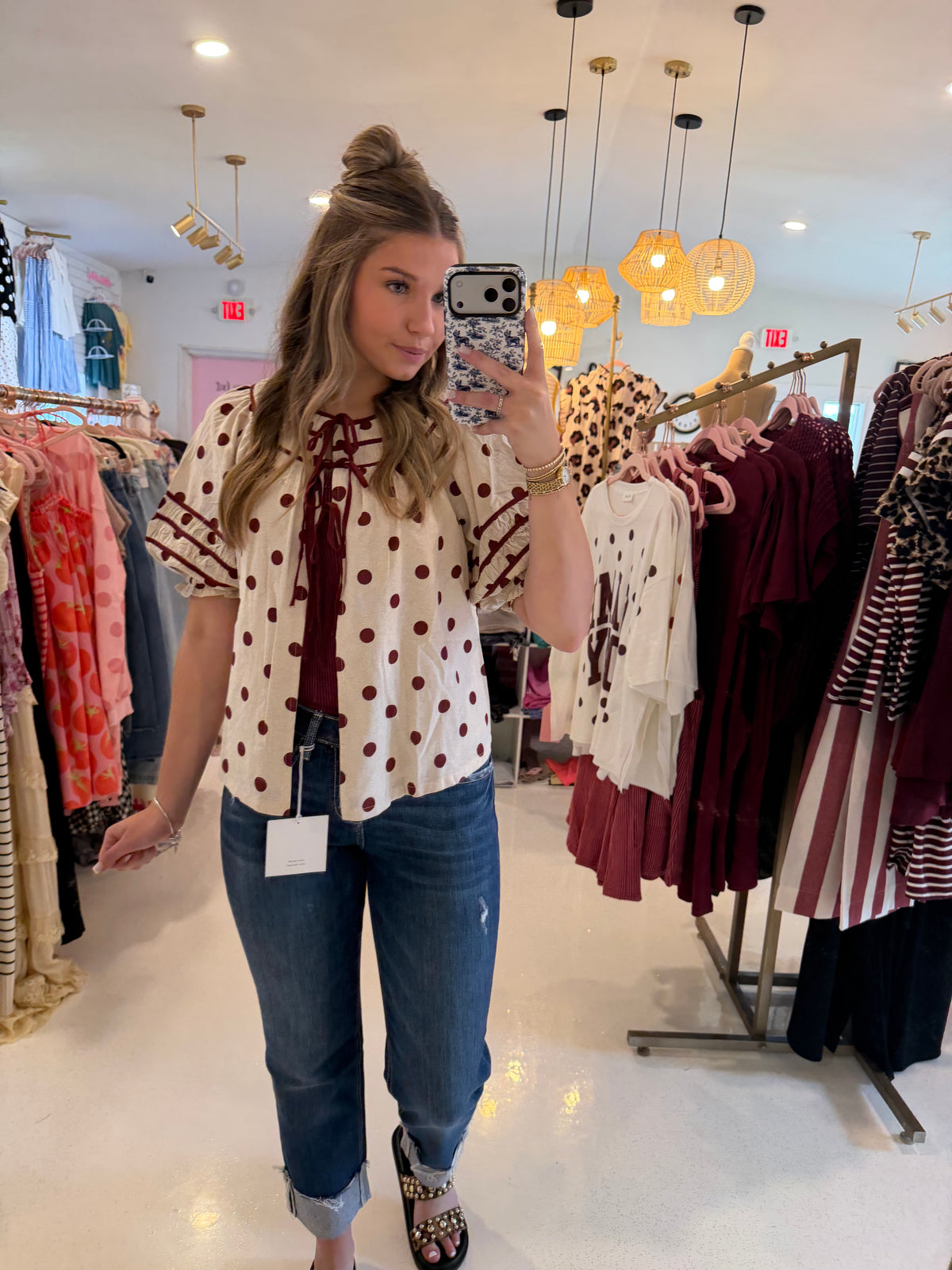 Polka Dot Ruffle Trim Blouse