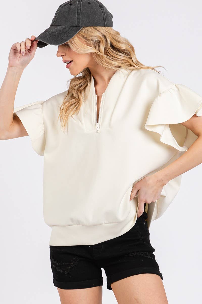 SCUBA HALF ZIP UP RUFFLE SLEEVE TOP