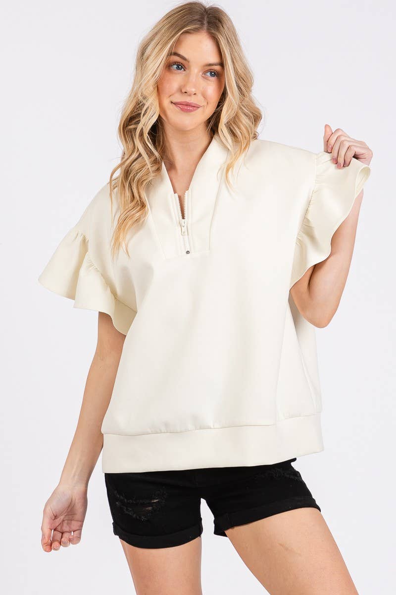 SCUBA HALF ZIP UP RUFFLE SLEEVE TOP