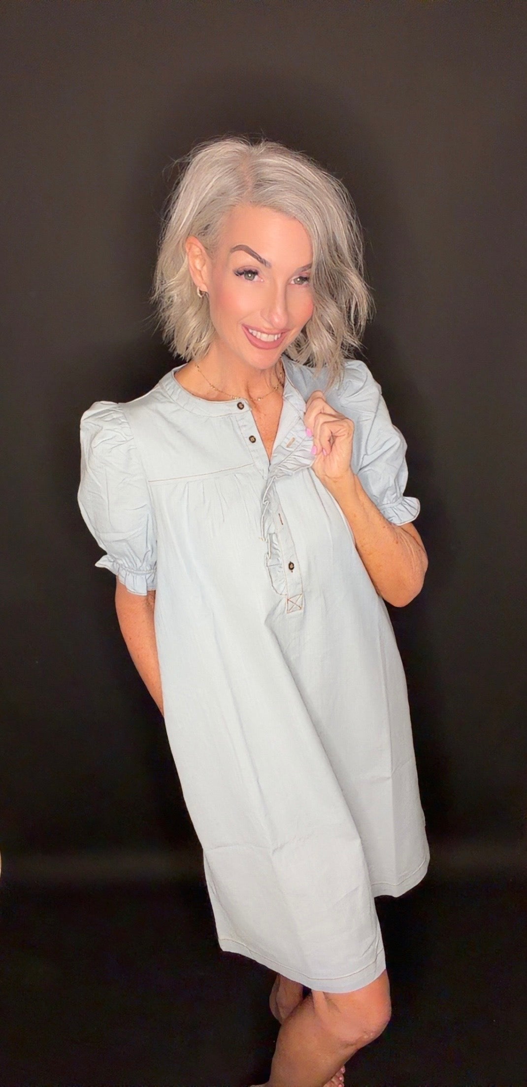Ruffled Button Placket Accent 100%Cotton Knee Dress