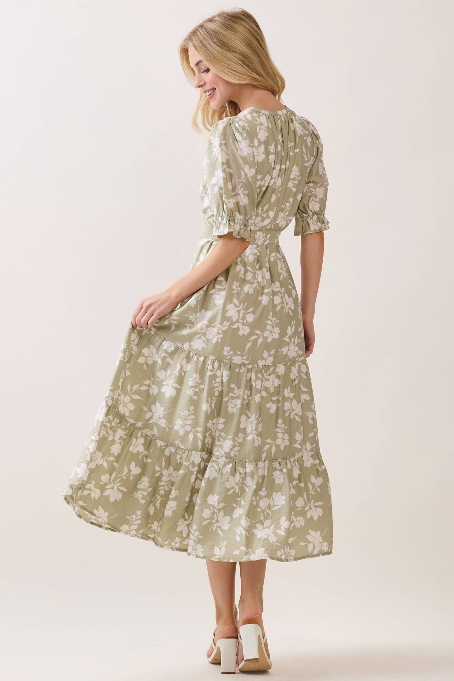 V NECK WAIST TIE TIERED MIDI DRESS -