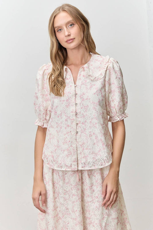 FLORAL LACE BUTTON UP COLLAR TOP