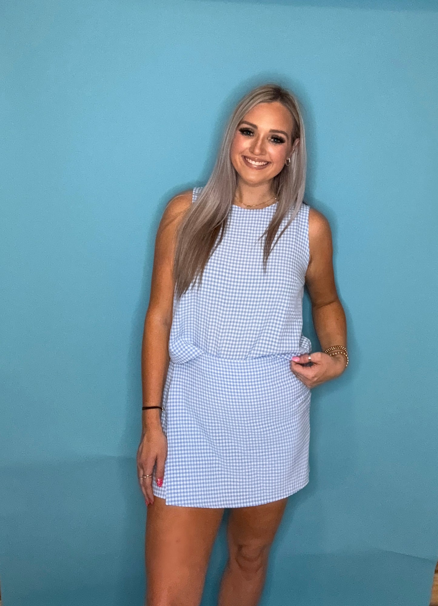 Gingham Checkered Sleeveless Top And Skort Set