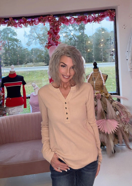 Waffle Long Sleeve Button Front Henley Thermal Top