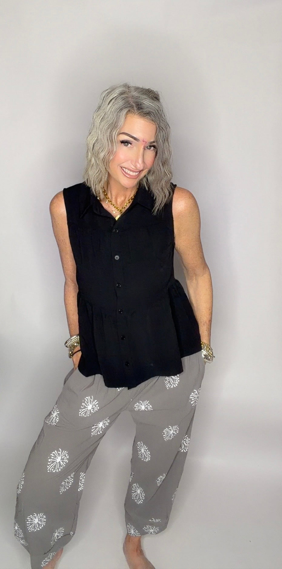 Loose Flower Print Pockets Split-Joint Pants Trousers