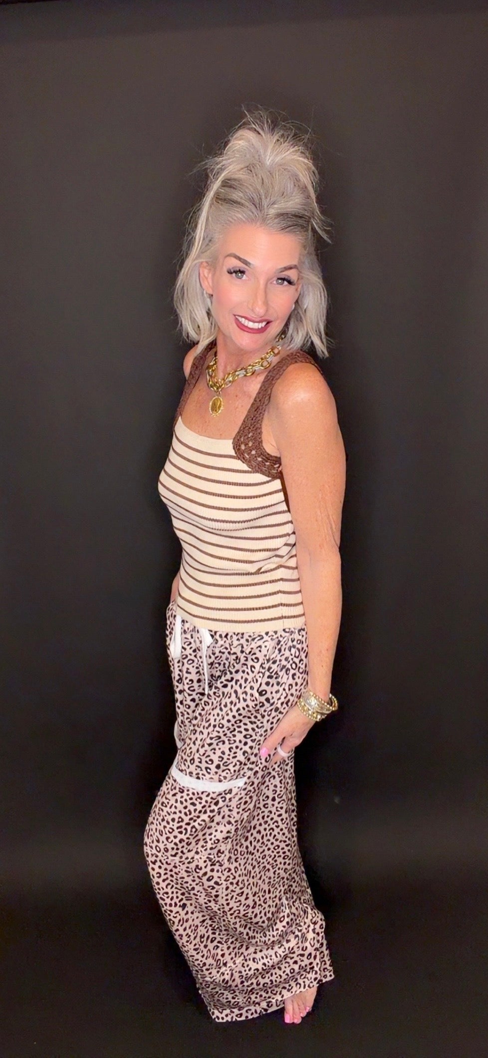 Versatile Crochet Sleeve Striped Knit Tank Top- look at all the styling