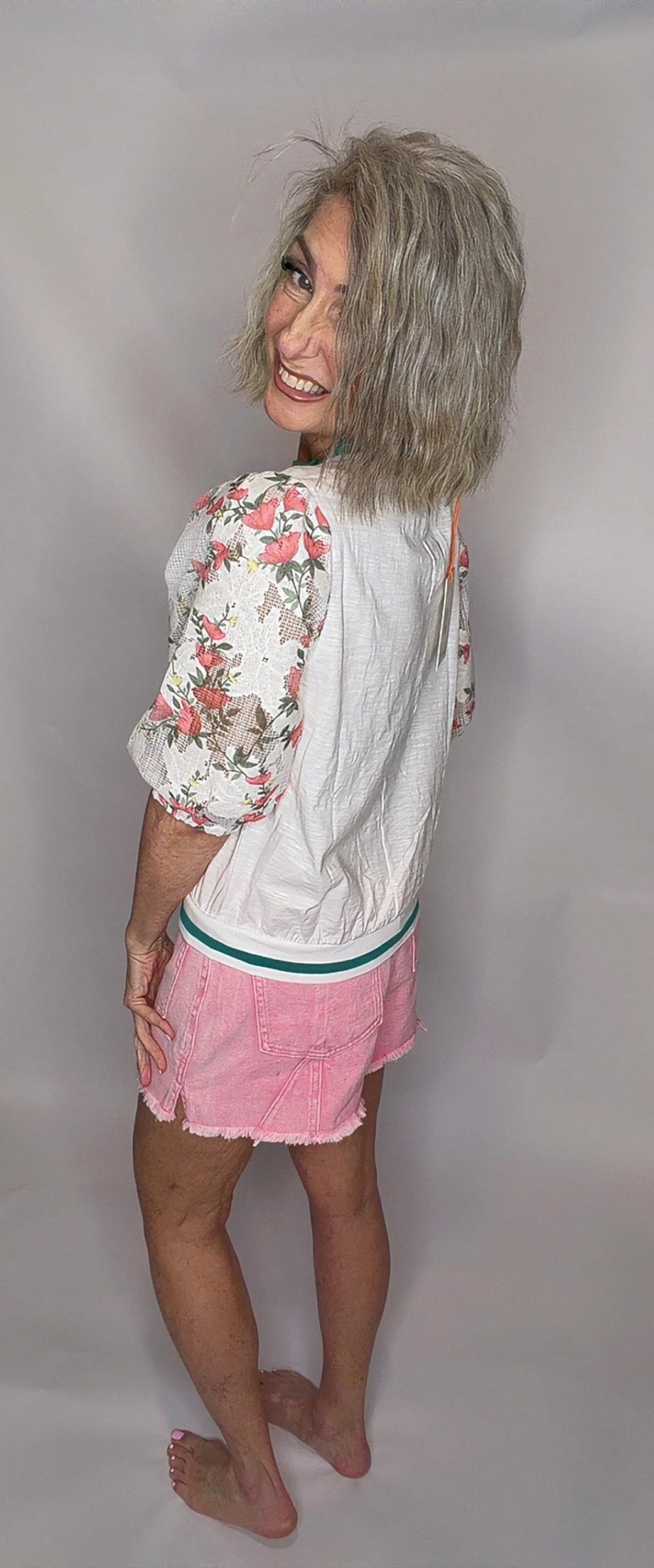 Floral Half Puff Sleeve Contrast Ruffle Slub Knit Top